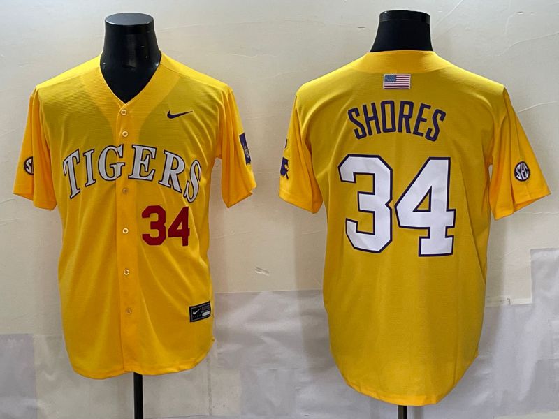 Men 2025 LSU Tigers #34 Shores Yellow Nike Joint Name Nike NCAA Jersey style 5->ncaa teams->NCAA Jersey